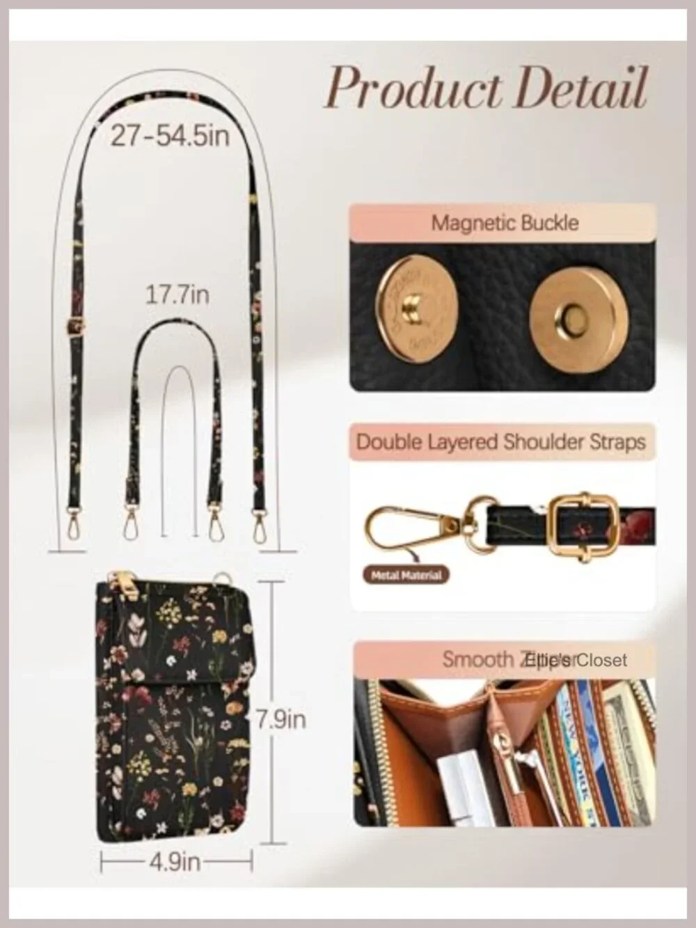 Leather Crossbody Bag with Cell Phone Pocket 2-Way Carry Adjustable Strap